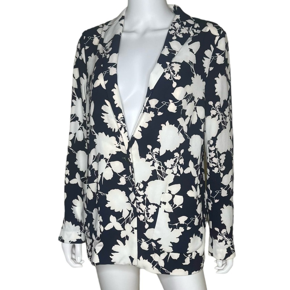 Talbots Womens Size Small navy blue long lined floral blazer LIGHT WEIGHT